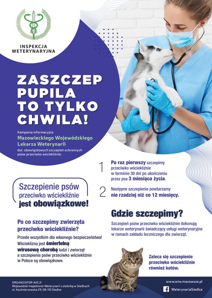 Plakat "Zaszczep pupila to tylko chwila!" - kampania informacyjna Mazowieckiego Wojewódzkiego Lekarza Weterynarii Plakat "Zaszczep pupila to tylko chwila!" - kampania informacyjna Mazowieckiego Wojewódzkiego Lekarza Weterynarii