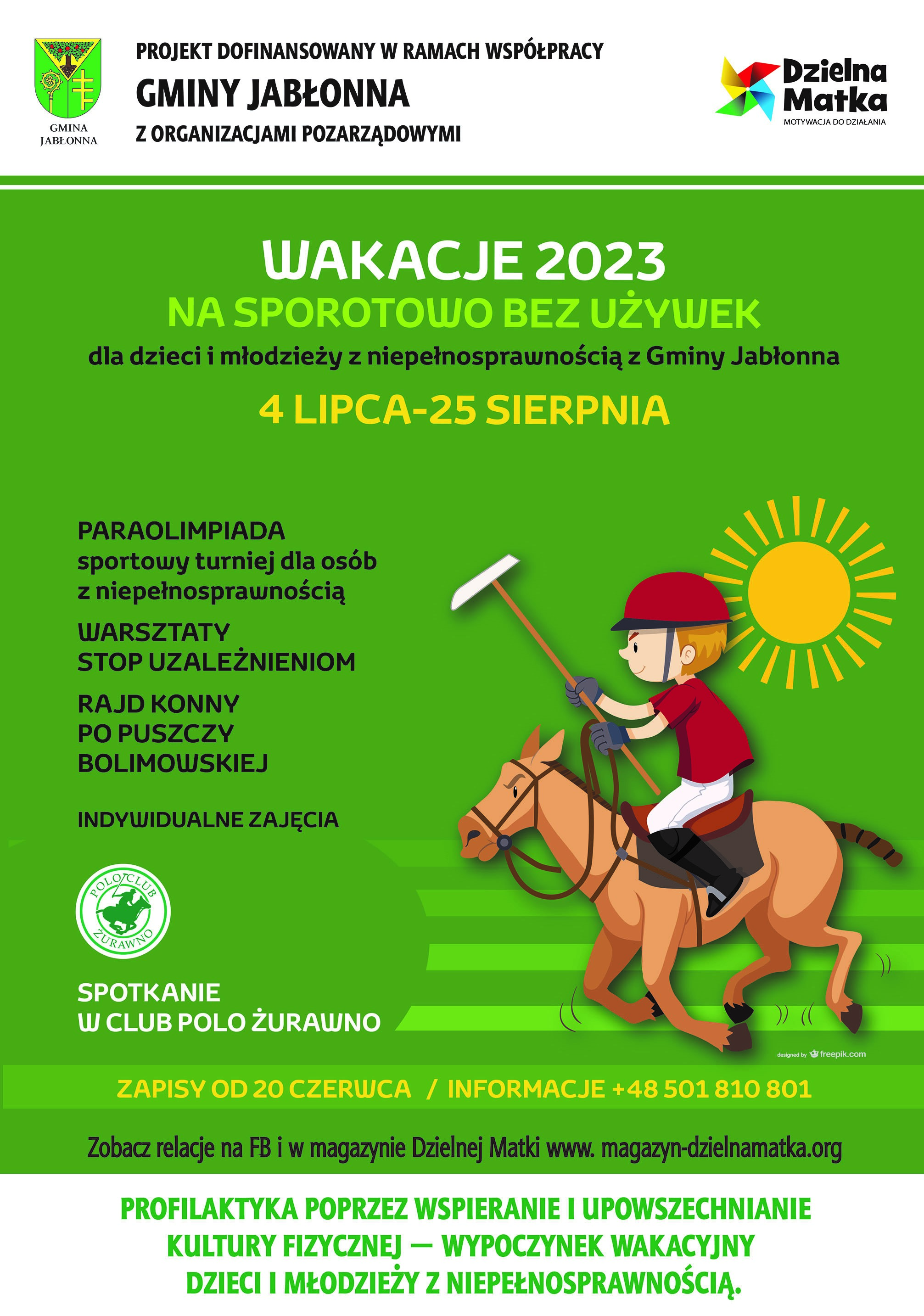Plakat Wakacje 2023 na sportowo bez używek dla dzieci i młodzieży z Gminy Jabłonna Plakat Wakacje 2023 na sportowo bez używek dla dzieci i młodzieży z Gminy Jabłonna